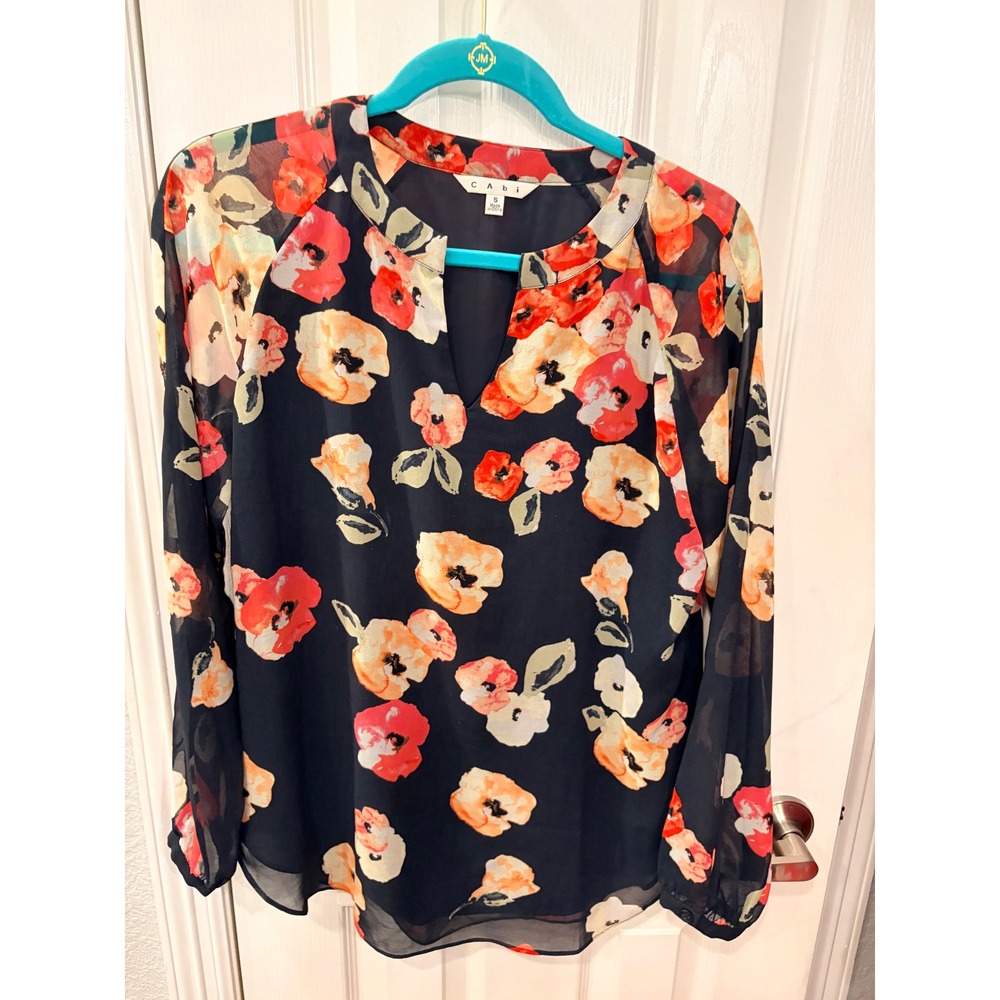 Cabi Blouse Navy Blue Floral Poppy Split V-Neck Sheer Long Sleeve Top 971